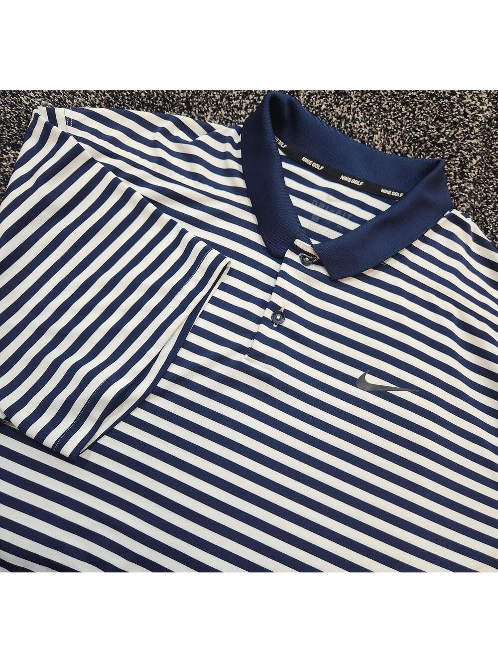NIKE DRIFIT Men’s Navy Blue & White Striped Short Sleeve Golf Polo Shirt Sz 2XL